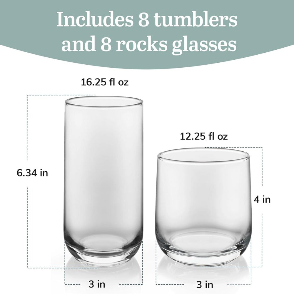 Ascent Tumbler & Rocks Drinking Glasses Set of 16 | Clear Lead-Free Glass Drinkware Set with 8 Tall Tumblers (16.25 oz) & 8 Rocks Glasses (12.25 oz) | Water, Juice, Cocktails, Whiskey, Everyday Beverage Glasses