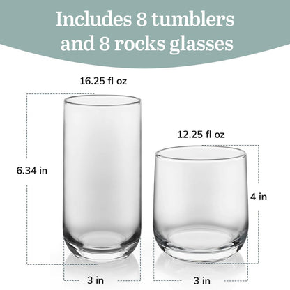Ascent Tumbler & Rocks Drinking Glasses Set of 16 | Clear Lead-Free Glass Drinkware Set with 8 Tall Tumblers (16.25 oz) & 8 Rocks Glasses (12.25 oz) | Water, Juice, Cocktails, Whiskey, Everyday Beverage Glasses