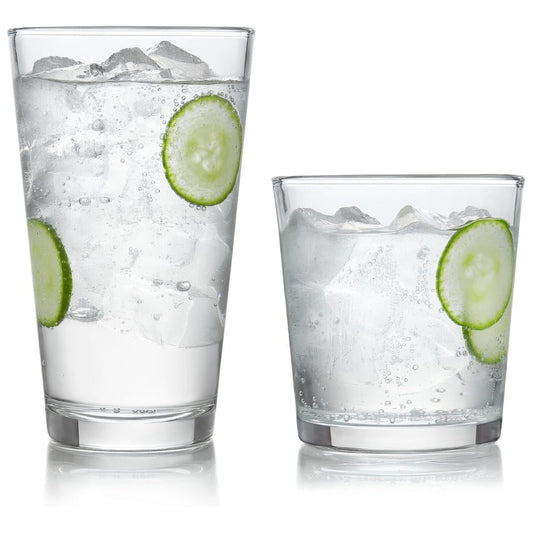 Preston Tumbler & Rocks Drinking Glasses Set of 16 | Clear All-Purpose Glassware Set with 8 Tall Tumblers (16 oz) & 8 Rocks Glasses (13 oz) | Wide-Rim Lead-Free Drinkware for Water, Juice, Cocktails & More