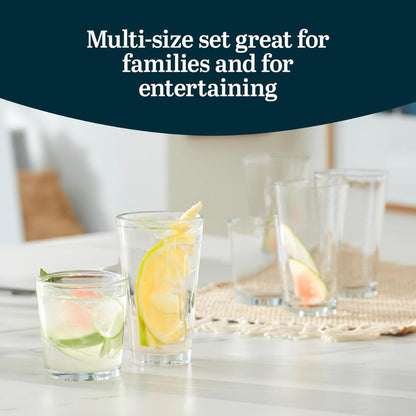 Preston Tumbler & Rocks Drinking Glasses Set of 16 | Clear All-Purpose Glassware Set with 8 Tall Tumblers (16 oz) & 8 Rocks Glasses (13 oz) | Wide-Rim Lead-Free Drinkware for Water, Juice, Cocktails & More