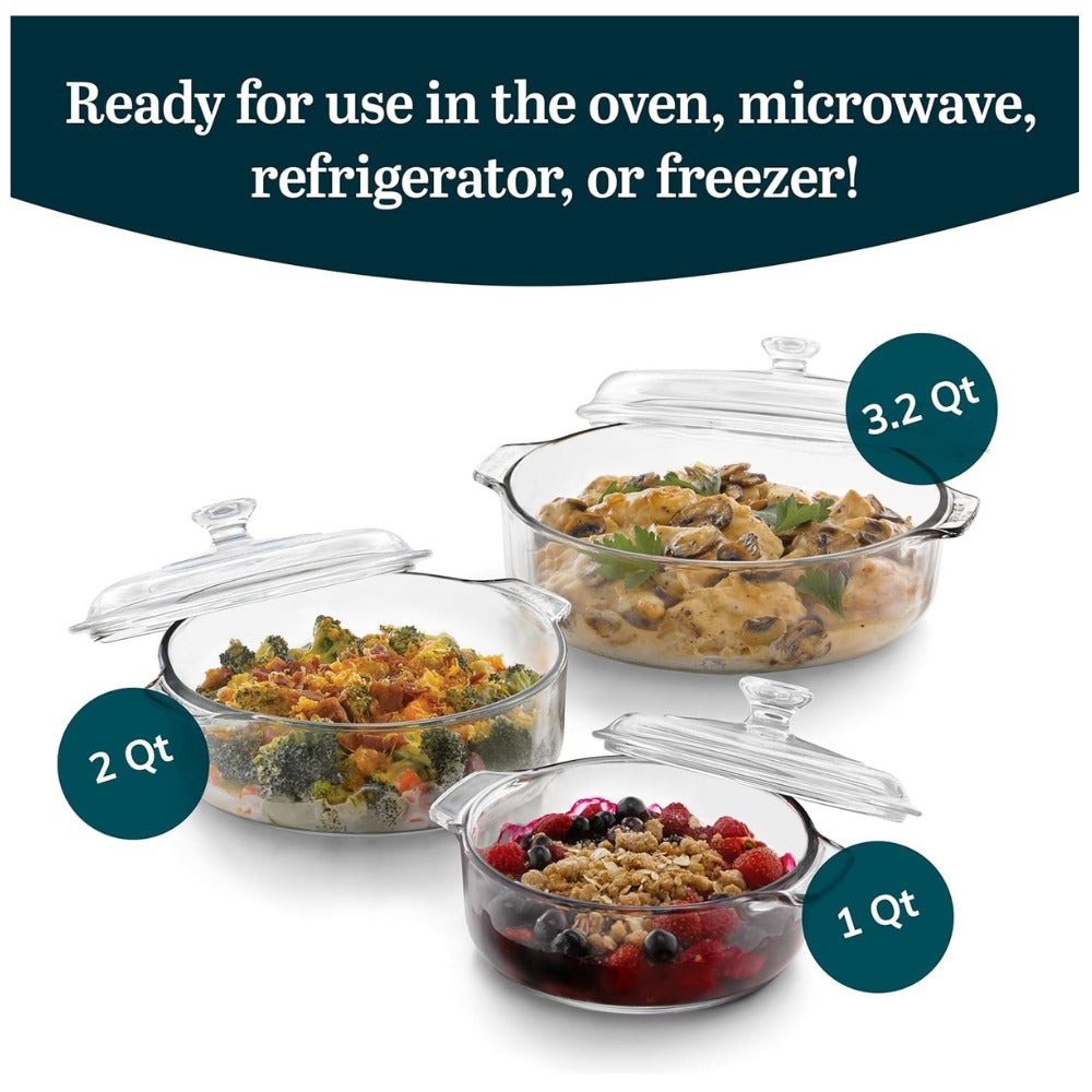 Baker's Basics Glass Casserole Dish Set with Covers, 3-Piece Bakeware Set | Oven Safe Clear Glass Baking Dishes with Glass Lids | Covered Casserole Dishes for Baking, Serving, Storing & Reheating
